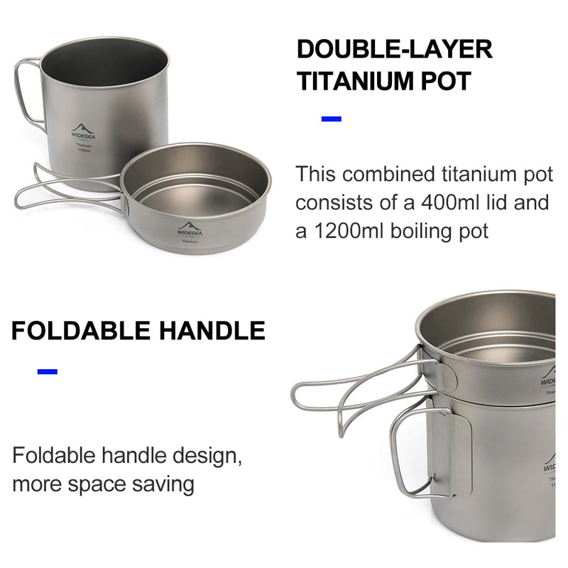 Widesea Ultralight Titanium Camping Pot 1100ml Foldable Handle Portable Outdoor Cookware with Mesh Bag for Backpacking Hiking Tr