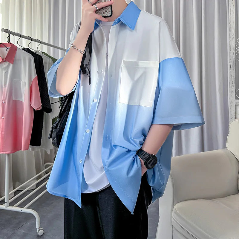 Told Tale Summer New Lapel Gradient Loose Men Shirt Short | SAMAG