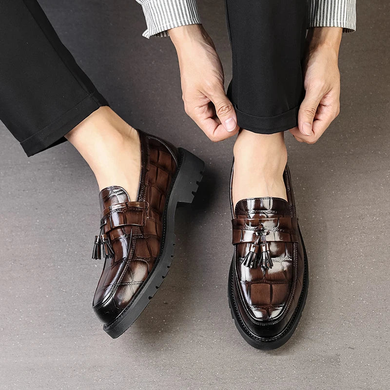 Business Tassel Loafers Shoes Slip on Casual Thick Bottom Leather Black Dress Party Shoes Boat Loafers For Man Fashion Moccasins