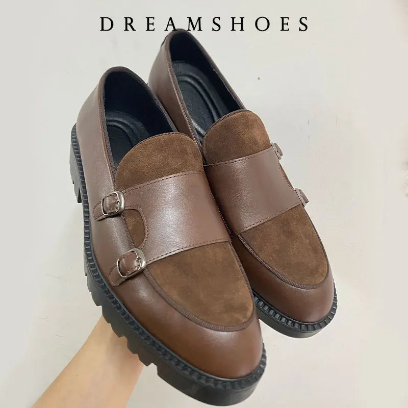 Size 37-48 Leather Monk Shoes Thick-soled British Style Black Formal Business Shoes Fashion Luxury Slip-On Casual Shoes