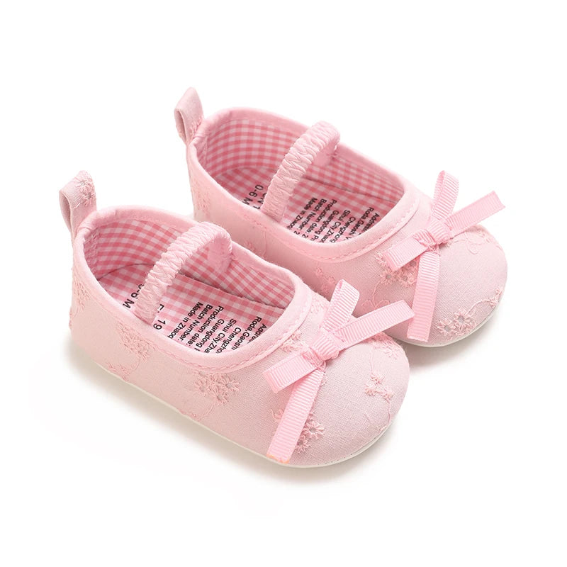 Baby Girls Mary Jane Shoes Floral Embroidery Bow Decor Elastic Strap Soft Sole Newborn Princess Crib Shoes Toddler Party 0-18M