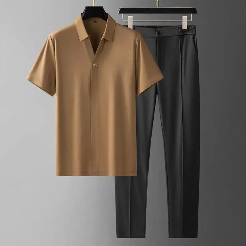 Summer New Fashion Solid Color Ice Silk Short - Sleeved Shirt Set Men's Casual Relaxed Comfortable - View 2 | SAMAG