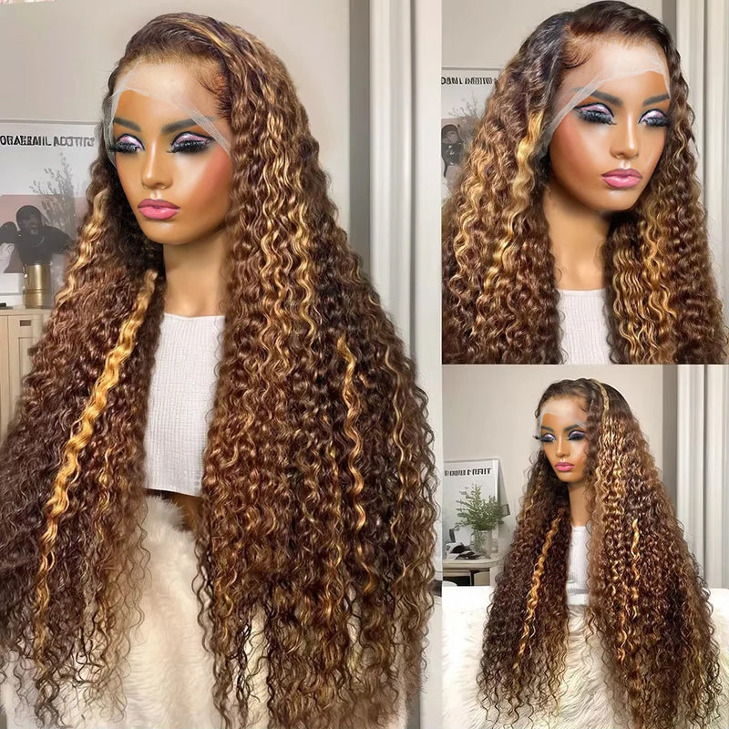 30 32 Inch 13x4 13x6 HD Highlight Ombre Curly Lace Frontal Human Hair Wigs Honey Blonde Colored Deep Wave Frontal Wigs For Women