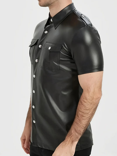 Men's PU leather short-sleeved street style button-down | SAMAG