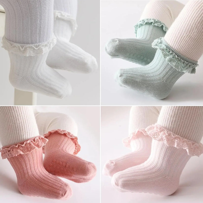 4 Pairs Princess Socks Set,Soft,Non-Slip Lace Ruffled & Plain Colors for Baby Toddlers 0-3 Years,Cute birthday Gift