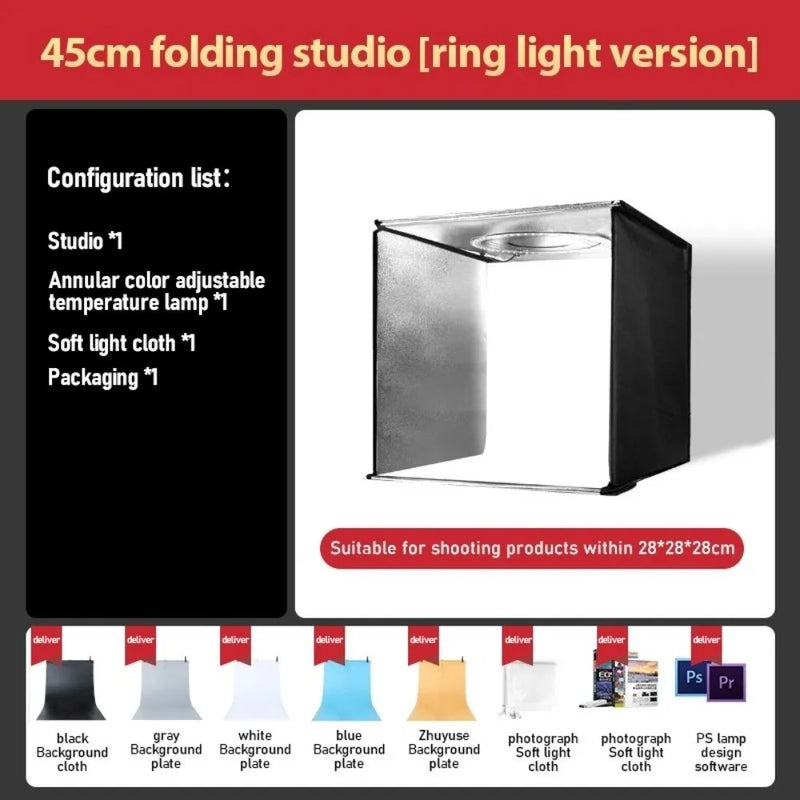 45/65cm Studio LED Light Box with Background Ring Light Board Studio Softbox Folding Photography Box and Bag For Studio Shooting