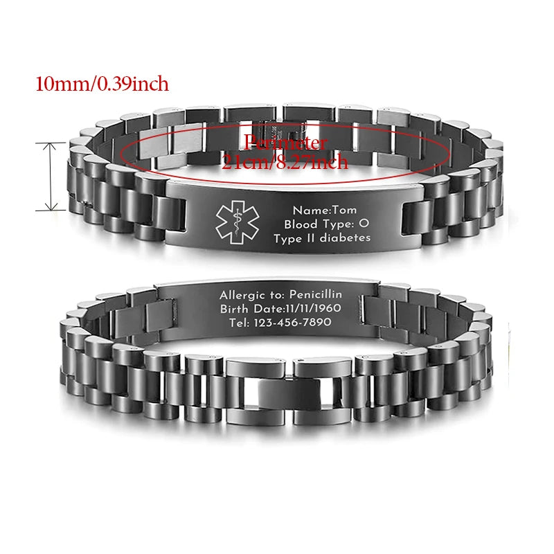 Custom Medical ID Bracelet Medilert Bracelets for Men Women Engraving Stainless Steel Medic ID Bracelet Wristband for Dad Mom