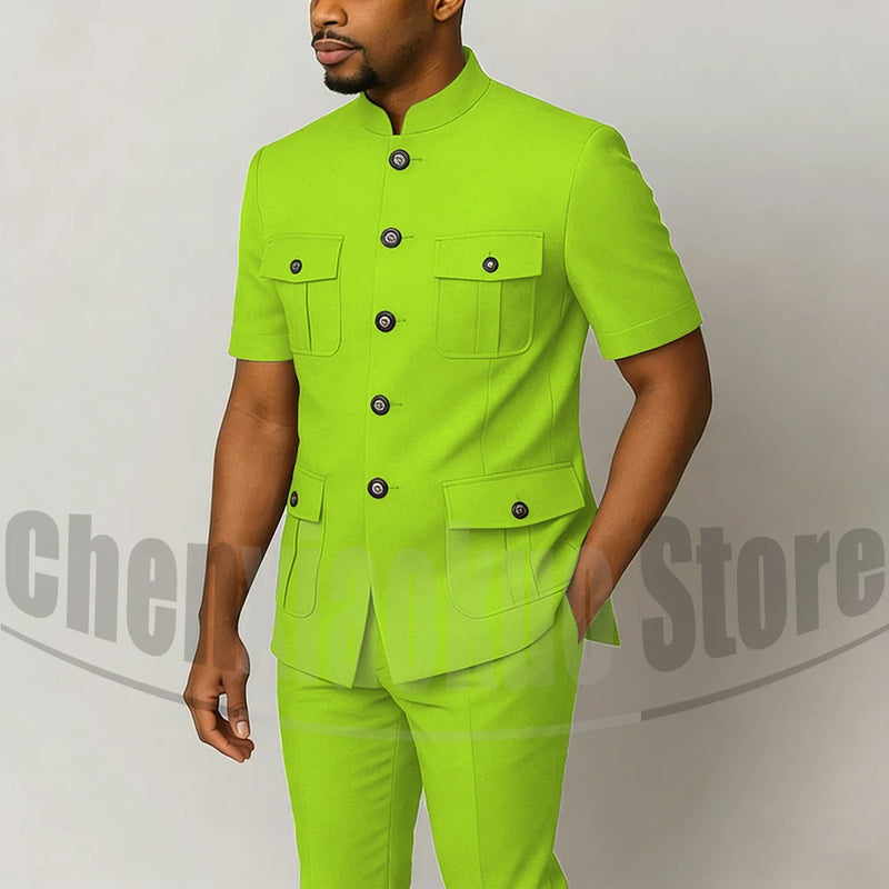 Men's Grey Mandarin Collar Suit Set Short Sleeves Multi-Pocket Jacket and Trousers Fashion Formal Smart Casual Wedding Suits
