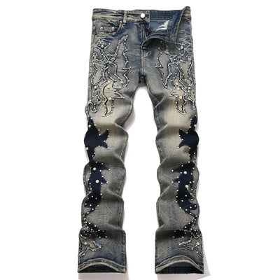 Men's Pearl Boot Cut Denim Jeans Embroidery Patch Slim | SAMAG