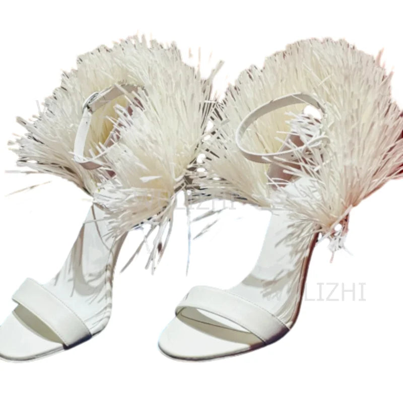 White Tassel Feather Long Straps Heels Girls Cute Open Buckle Sandal Summer Black Tassel-Tie Ankle Strap Slingback Red Sexy Shoe