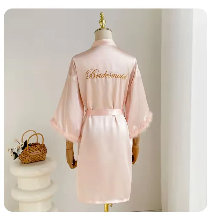 White Bride Wedding Robe with Feathers Women Satin | SAMAG