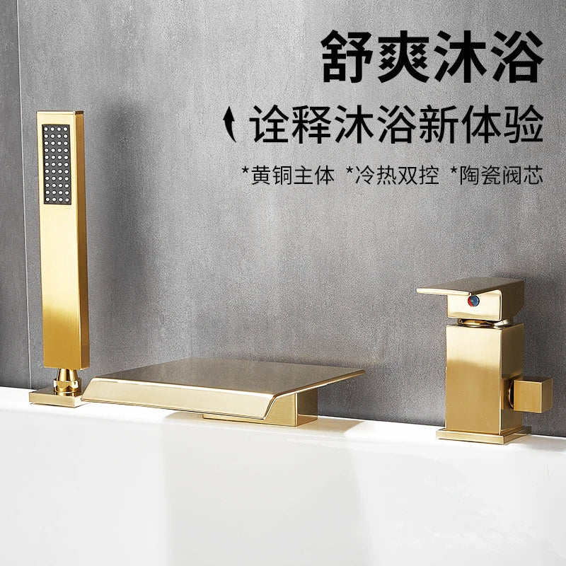 Waterfall Bathtub Faucet Deck Mounted 3 Holes Bathroom Tub Sink Mixers with Handshower Widespread Bath Tub Tap Gold/Black/Gold