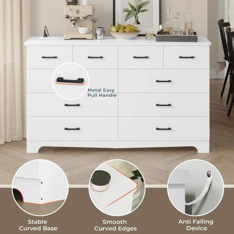 White Dresser 10 Drawers Chest Storage Organizer TV Stand Power Outlets Bedroom Living Room, Customized
