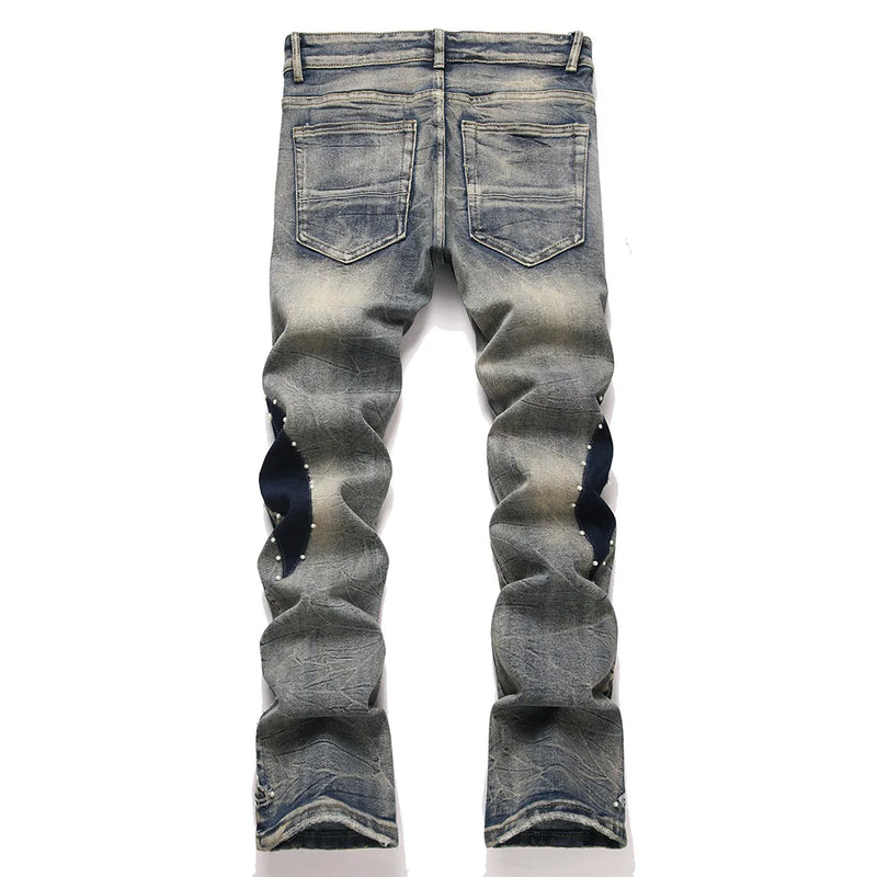 Men's Pearl Boot Cut Denim Jeans Embroidery Patch Slim | SAMAG