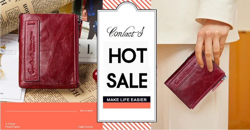 CONTACT'S Fashion Genuine Leather Women Wallet Bifold Card Holder Coin Purse Small Women's Purse Money Clip Men Pocket Wallets