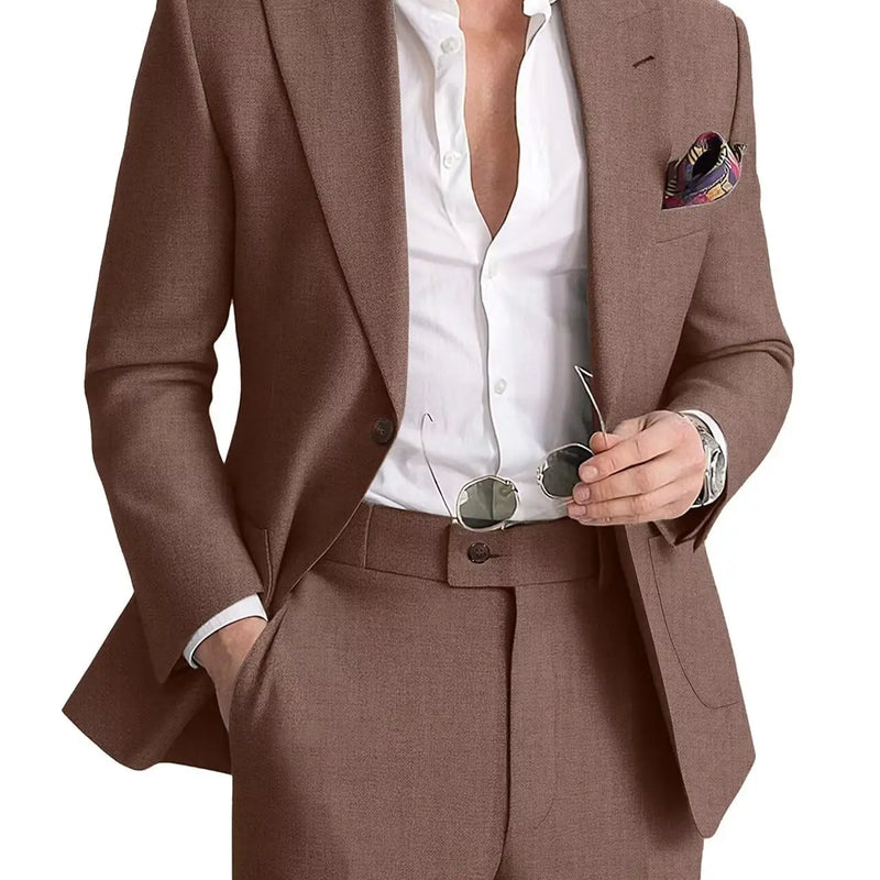 Mens Linen Suit 2 Piece Casual Suits for Men Summer Beach Groom Wedding Suit Linen Blazer Pants Set