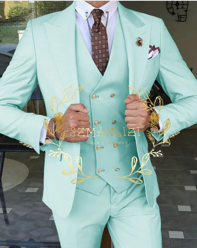 Beige Business Suits For Men Tuxedos Gold Buttons Groom Groomsman Prom Wedding Party Formal 3 Pieces Sets - View 14 | SAMAG