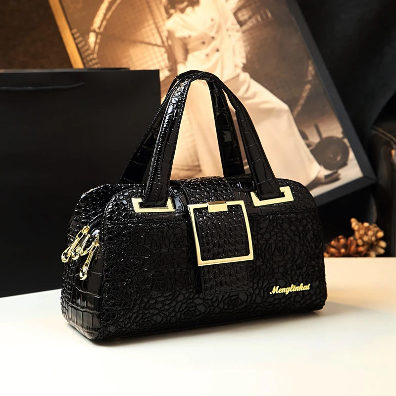 Cowhide leather Women handbag Lace crocodile pattern mother bag shoulder messenger three-layer middle-aged Portable Boston Bags