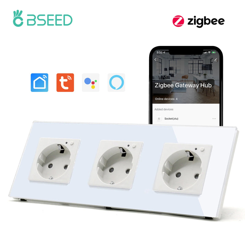 BSEED 1/2/3Gang Zigbee Touch Switch Wall Light Switch With Smart EU Socket Support Google Alexa Tuya Control No Neutral Line