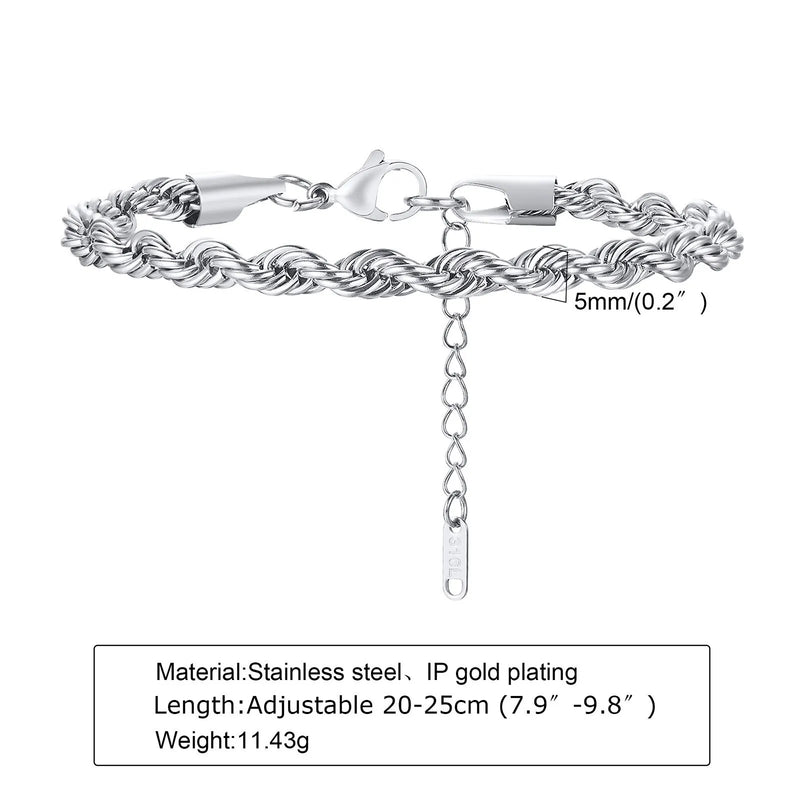 Hip Hop Men's Stainless Steel Rope Chain Bracelets,2/3/4/5mm Gold Color Adjustable Twisted Chain Wristband,Punk Casual Jewelry