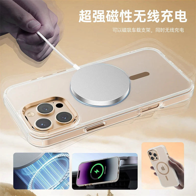 Luxury Magnetic Transparent Phone Case for iPhone 16 12 13 14 15 Pro Max for Magsafe Wireless Charge Shockproof Clear Cover