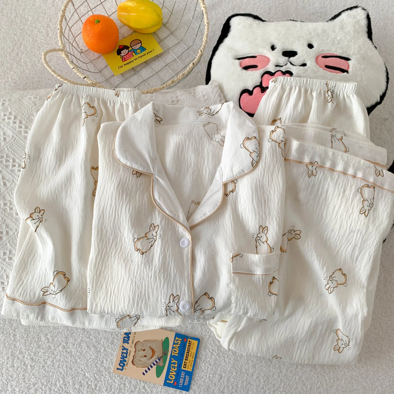 Cartoon Hello Kitty Summer Cardigan Lapel Women's Pajama Set Cloud Cotton Cute Printed Casual Loungewear Three-piece Set