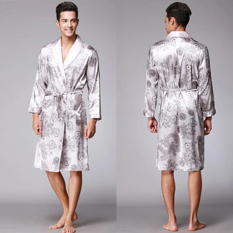 Traditional Japanese KIMONO Fashion YUKATA Oriental Gold Dragons Pattern Bathrobe Summer Men Ice Silk Robes Pajamas  Sleepwear