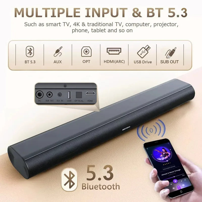 TV Soundbar,home Theater with Bass,3D Surround Sound System Bluetooth Speaker,with Remote Control,support AUX/optical /USB Drive