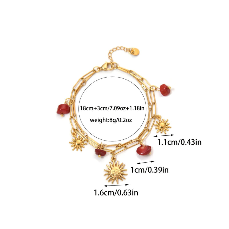 Stainless Steel Red Natural Stone Sun Pendant Double Bracelet Simple Irregular Chain Gold Women Jewelry Birthday Gift