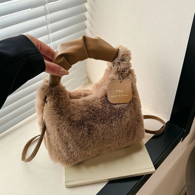 Women Faux Fur Plush Handbags Ruched Handle Small Lady | SAMAG