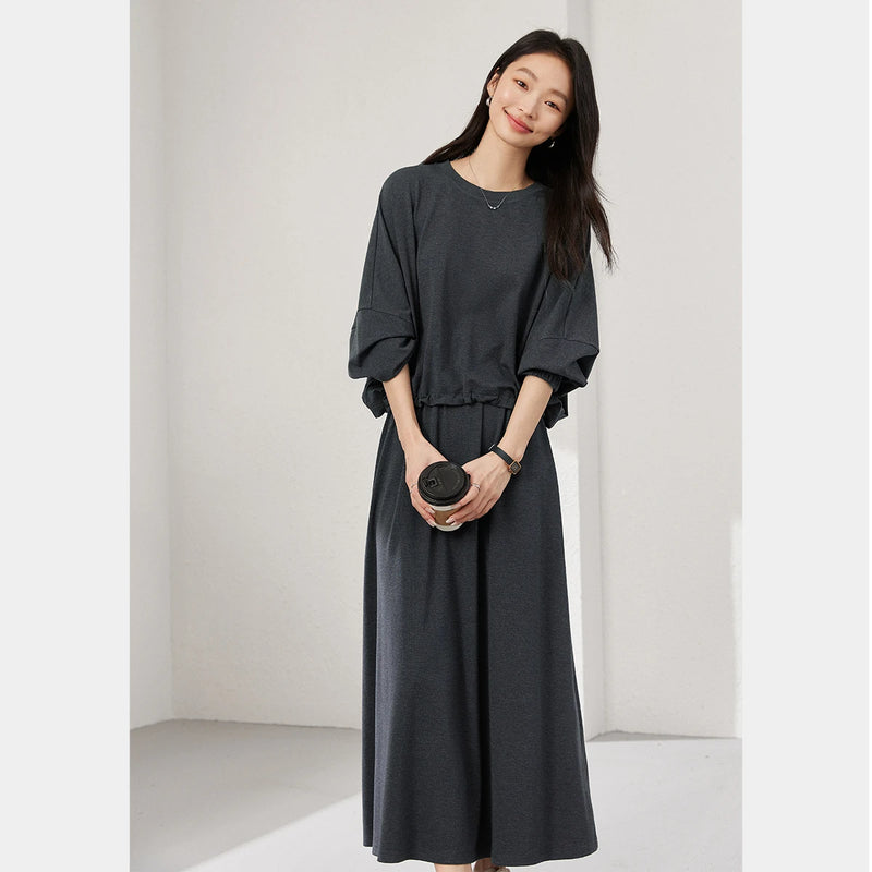 VIMLY Dark Gray Knit Two Piece Set 2026 Autumn Women Round Neck Top High Waist A-line Long Skirt Commuter Matching Outfit A0097