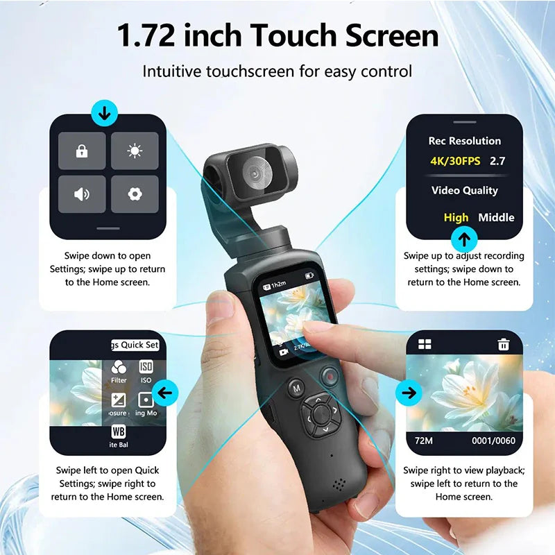 4K Pocket Action Camera 330° Auto-rotate Len Sport Camera Touchscreen Zoom Cam Face Tracking Portable Vlog Video Recorder Moto