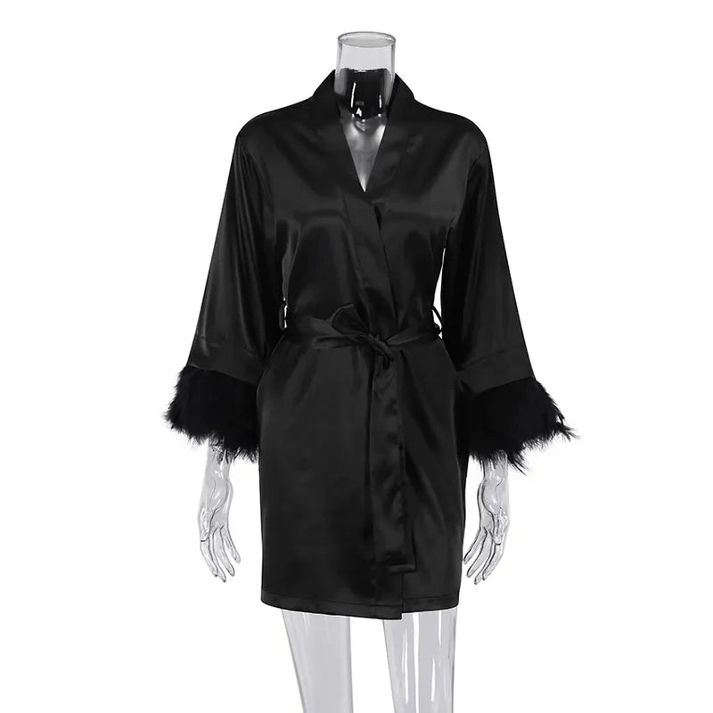 White Feather Robe With Fur Full Sleeves Sleepwear Satin | SAMAG