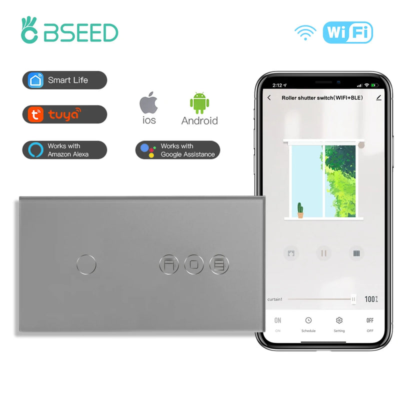 BSEED Wifi Light Switch 1/2/3Gang 1/2/3Way With Smart Roller Shutter Switch Touch Blind Switch Tuya Smart Life Wireless Control
