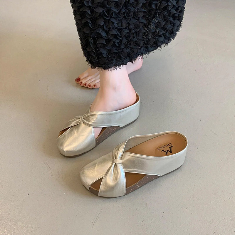Metallic Wedge Sandals Women Cutout Bow Slippers Platform Thick Sole Closed Toe Mules Summer Outdoor Casual Beach Slides Shoes