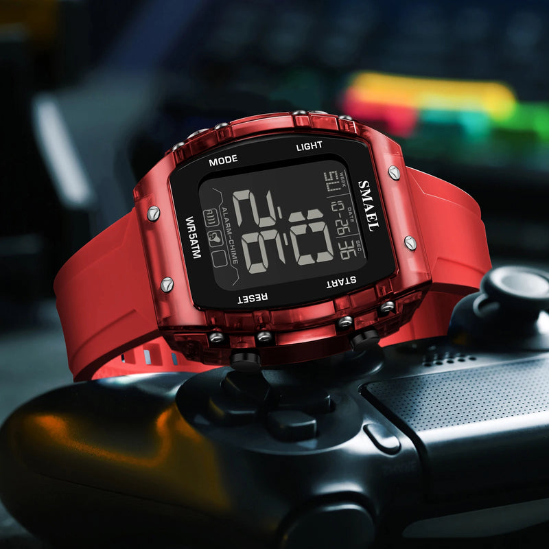 SMAEL Outdoor Sports Watches Fashion Leisure Men Watches 5ATM Waterproof Rectangle 8108 LCD Display Digital Student Wristwatches