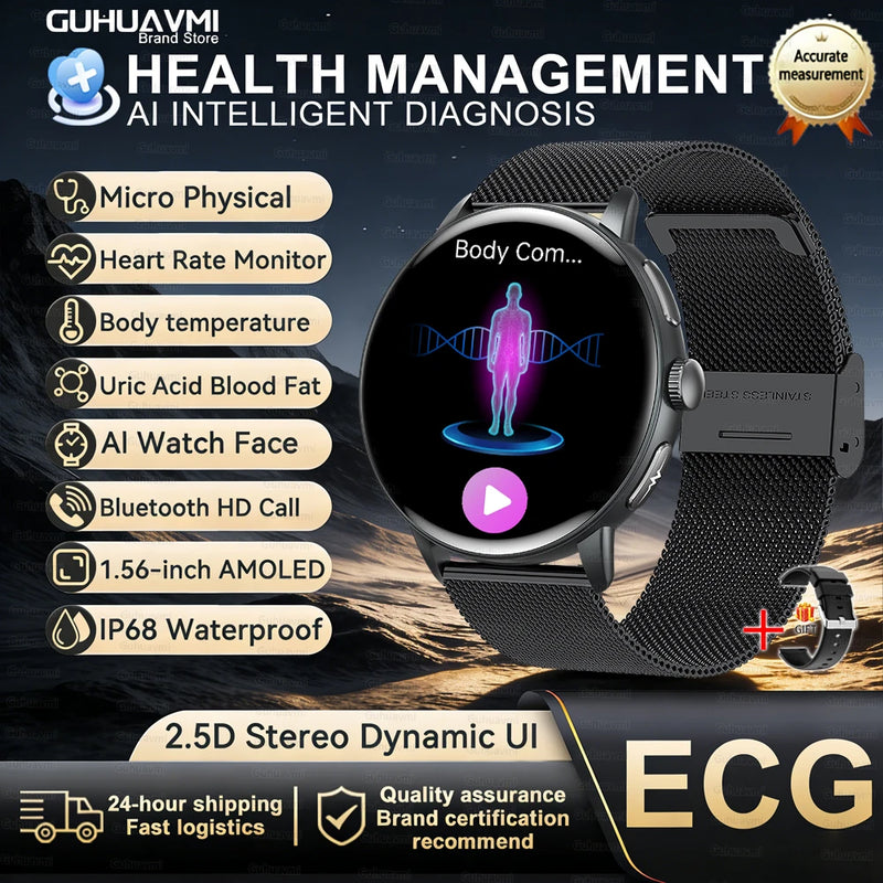 2026 New AI Accurate Diagnosis Body Fat Uric Acid BP ECG SmartWatch HD AMOLED Screen call Sport Health Smart watch For Men women