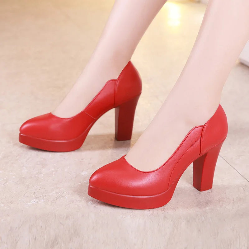 high quality leather shoe for women 6cm 8cm high heel platform point toe 32 33 42 43 elegant and fashion shoe black white silver