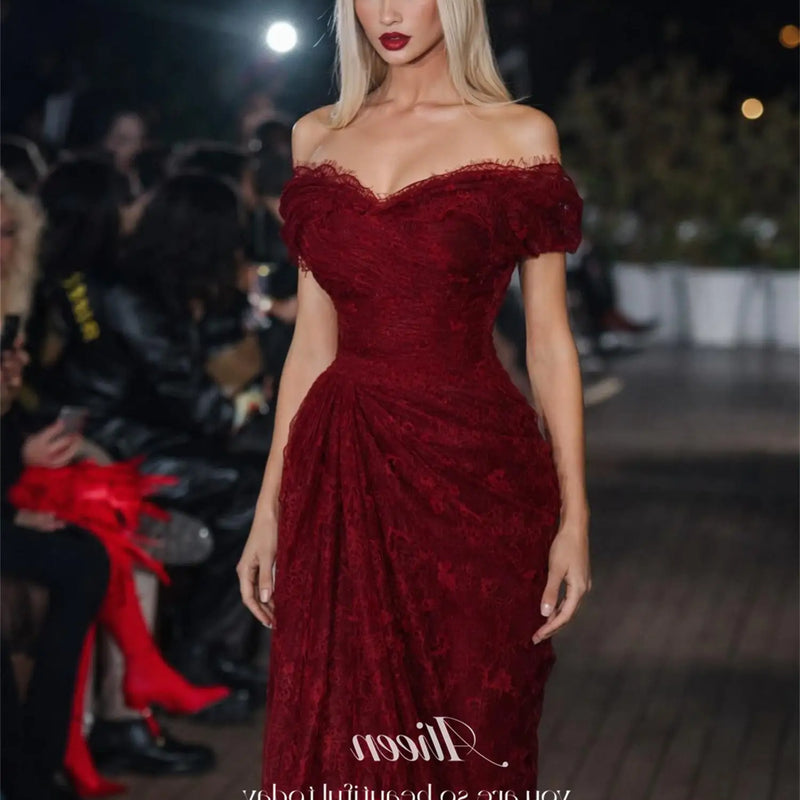 Aileen Burgundy Lace Off Shoulder Evening Dress Short | SAMAG