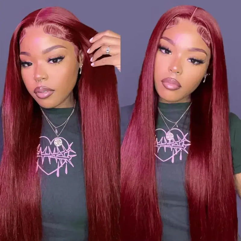 99J Burgundy Pre Colored Straight Lace Frontal Wigs For Women Pre Plucked Invisible Pre Cut Lace Brazilian Hair 13X6 Hd Transparent Lace Front Human Hair Wigs