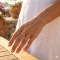 Bohemian Bead Slave Bracelet, 18K Gold Plated Stainless Steel, Waterproof Hand Chain Finger Ring Bracelet Jewelry for Women