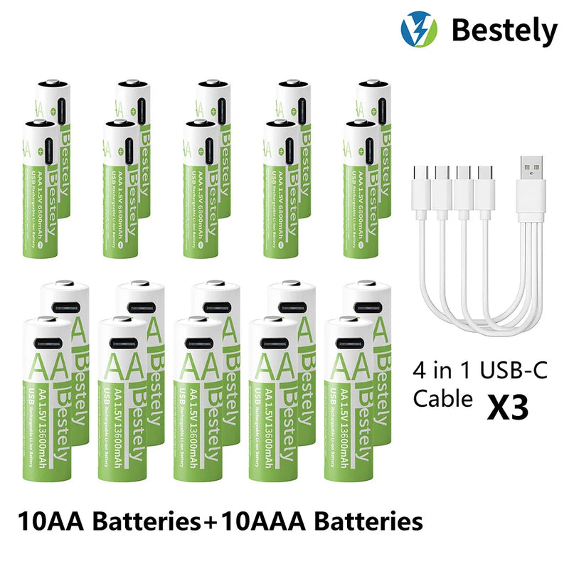 1.5V AA 13600mAh + AAA 6800mAh Rechargeable Lithium Battery Set with USB-C Fast Charging Type C Cable
