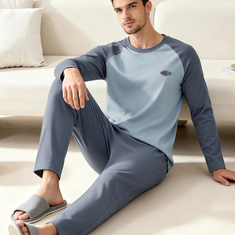 Men's 100% Cotton Long Sleeved Four Season Plus Size Men's Sleepwear, Teenage Pure Cotton Home Suit Set for Warmth