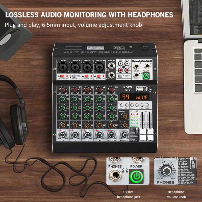 KDES Audio Mixer 4-6-8 Channel 99 DSP Effect Record PC 48V Phantom Power USB Sound Mixers Bluetooth DJ Console Mixing for Karaok