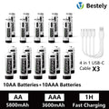AA AAA Battery 1.5V 5800mAh and 3600mAh Lithium Rechargeable Batteries Fast Charging Li-ion Battery 2000 Cycles Type-C Cable