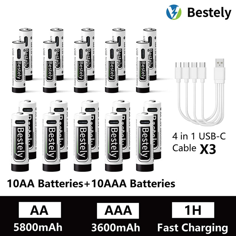 AA AAA Battery 1.5V 5800mAh and 3600mAh Lithium Rechargeable Batteries Fast Charging Li-ion Battery 2000 Cycles Type-C Cable