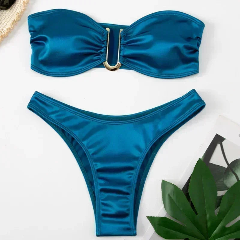 Summer Push Up Bandeau Swimsuit Straps Bikini Set Solid | SAMAG