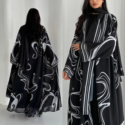 Eid Women Abaya Print Headscarf Cardigan Dress Muslim | SAMAG