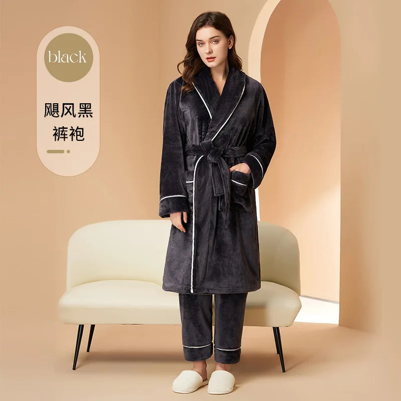 Flannel Couple Robe And Pant Set Warm Autumn Winter Thick Coral Fleece Pajamas Women's Bathrobe Men's Sleepwear Loose Home Cloth