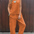 Summer Cotton And Linen Casual Outfits Female Fashion Solid Color Two-piece Set For Women Sleeveless Top Trousers Women's Suit